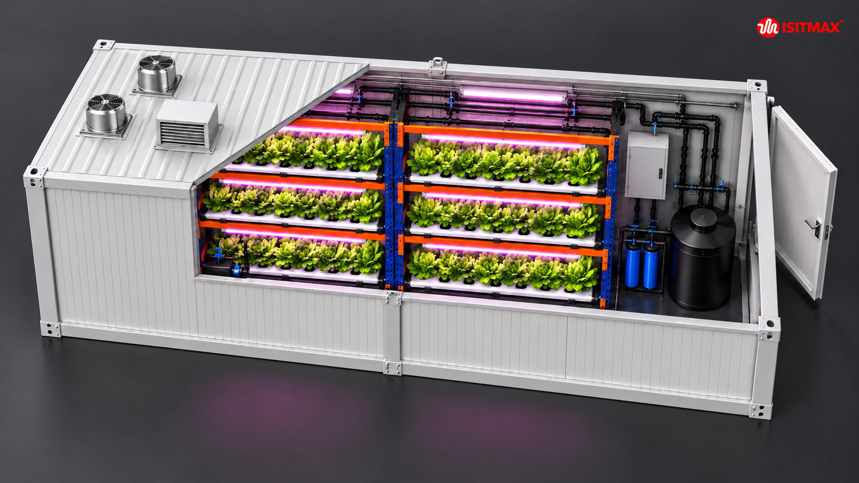 Modular container farming system with vertical racks and climate control equipment
